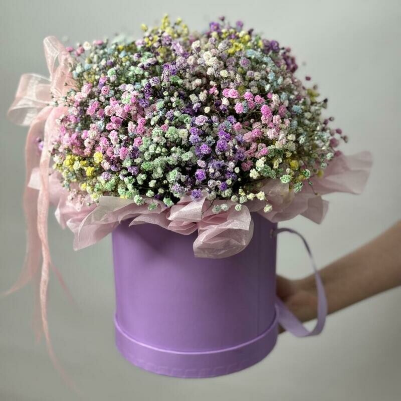 Нежная композиция в коробке с гипсофилой, стандартный