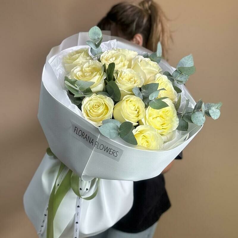 Bouquet of white roses with eucalyptus , standart