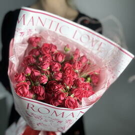 Bouquet of scarlet/red bush roses in Korean packaging