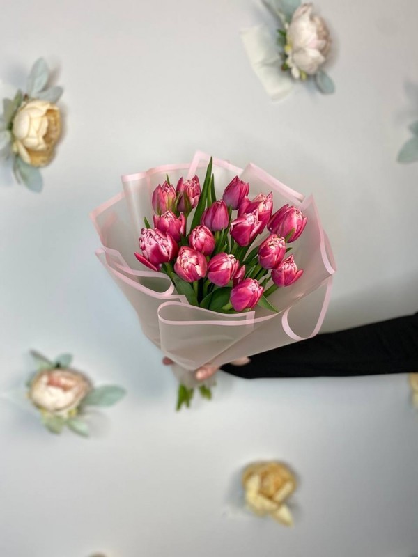15 пионовидных тюльпанов, розовые пионовидные тюльпаны 15шт