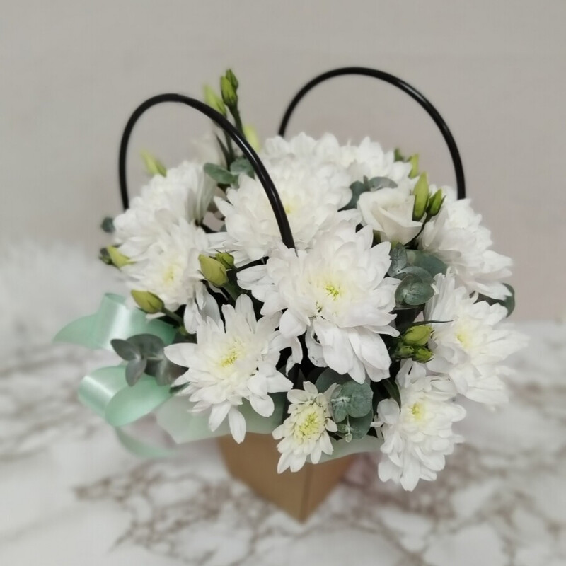 Chrysanthemum in a craft box with an eustoma, standart