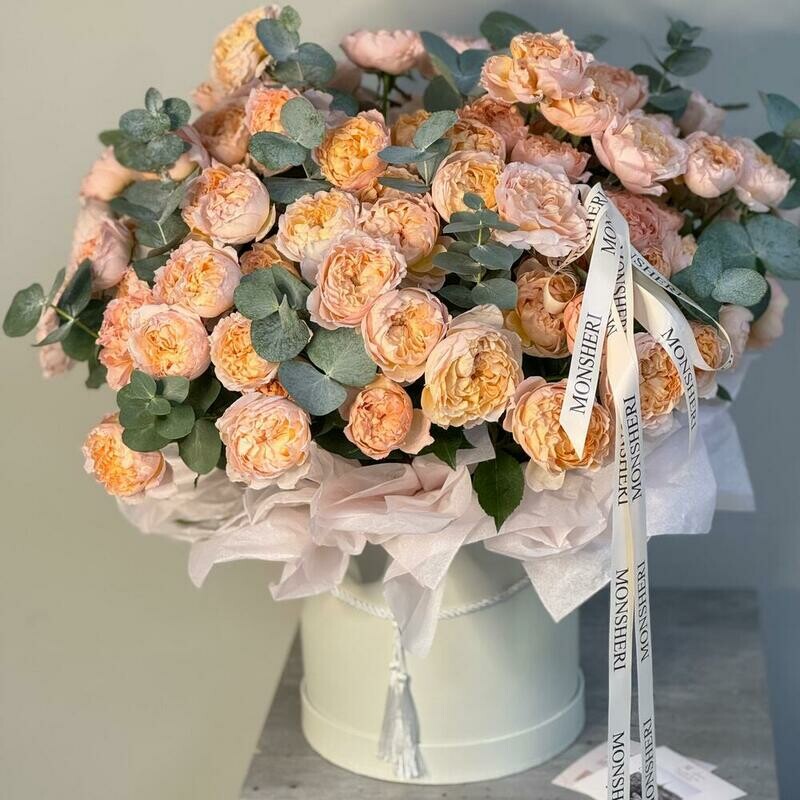 Mono-korobka iz pionovidnih roz Dzhul_etta, standart