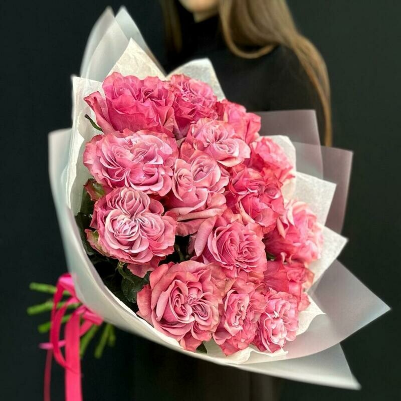 Букет розовые пионовидные розы 15 шт, букет розовые пионовидные розы 15 шт