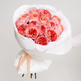 Buket iz 25 roz Mandarin Expression v beloj upakovke