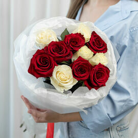 Розы красно-белые Эквадор  11 шт  (60см)