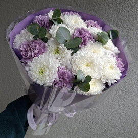 Duobuket "Na sirenevoj lune", hrizantemi i diantusi, sbornij, belij, fioletovij