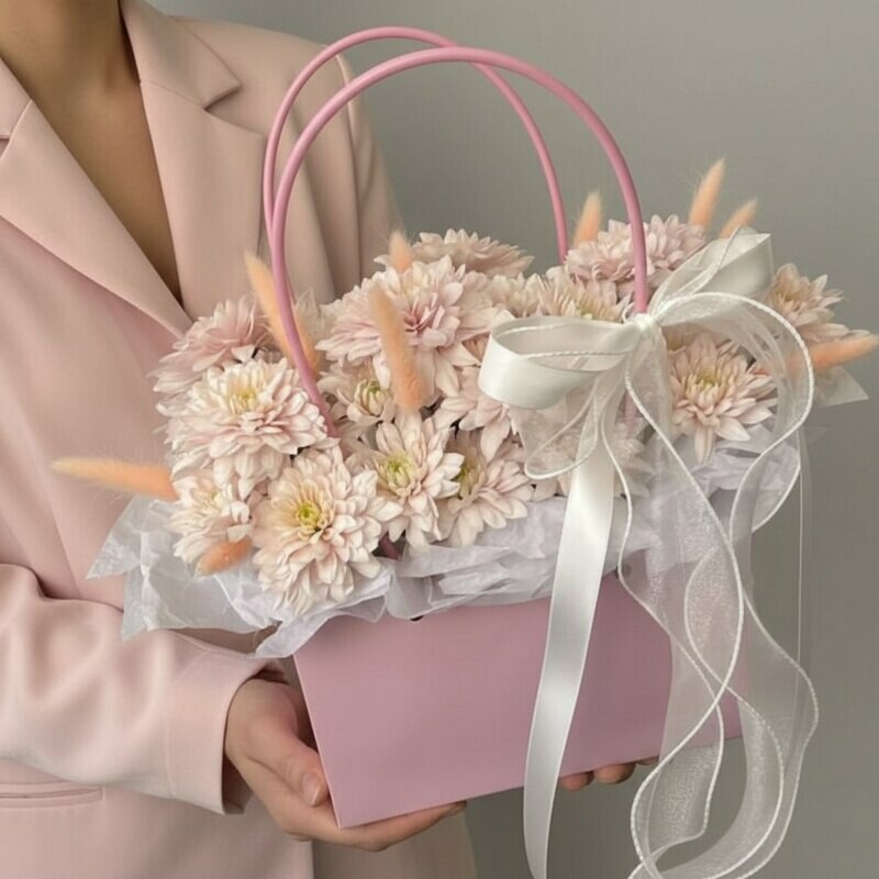 Kompozitciya v sumochke iz hrizantemi i lagurusa, standart