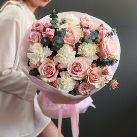 Author's bouquet with roses and delicate dianthus
