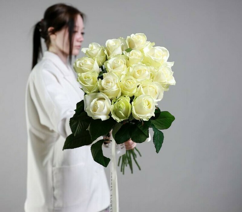 Monobuket iz 15 belih rossijskih roz pod lentu, standart