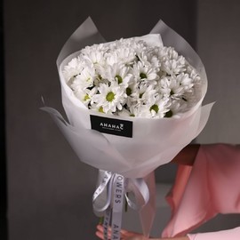 Monobuket iz kustovih hrizantem v vozdushnoj upakovke