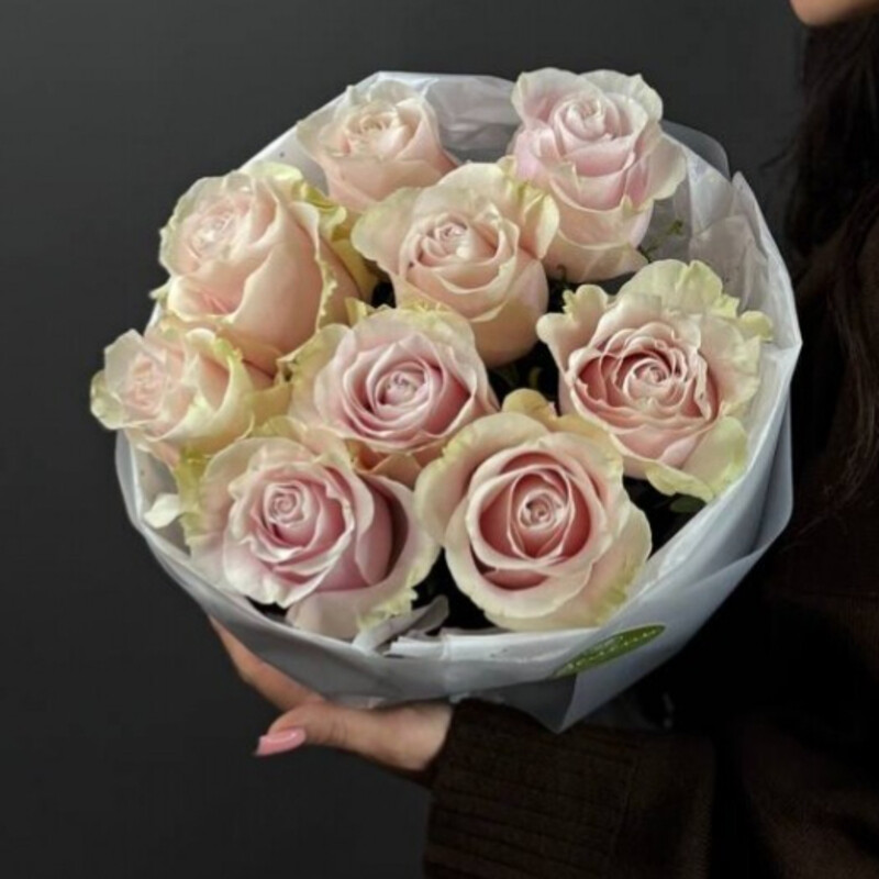 Mono buket iz nezhno-rozovih roz 9 sht v krugloj upakovke, reduced