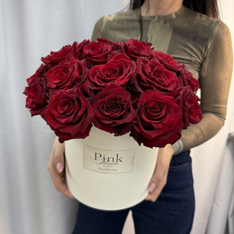 25 krasnih roz Ekvadora v beloj korobke s dostavkoj, standart