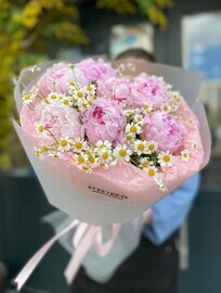 Букет из 7-ми пионов с ромашками