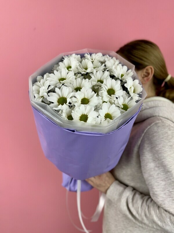 Mono buket iz romashek sirenevaya konfeta 5 vetok, mono buket