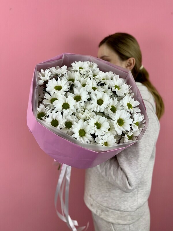 Mono buket iz romashek rozovaya konfetka 7 vetok, mono buket