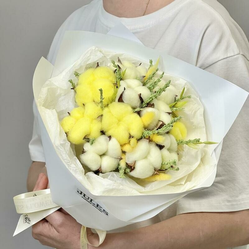 «пробуждение» букет из хлопка,стабилизированной лаванды и лагуруса, «пробуждение» букет из хлопка,стабилизированной лаванды и лагуруса