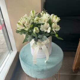 Белоснежная коробка с альстромерией и эвкалиптом