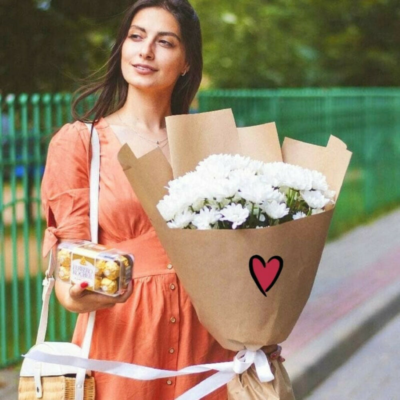 Букет хризантем и конфеты, стандартный