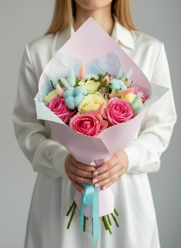 Букет с розами и хлопком «Афродита», стандартный