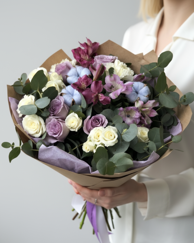 Букет с розами и хлопком "Трепетная любовь", стандартный