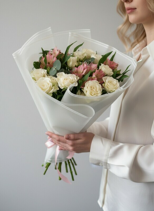 Букет с розами и альстромерией "Лебединая верность", стандартный