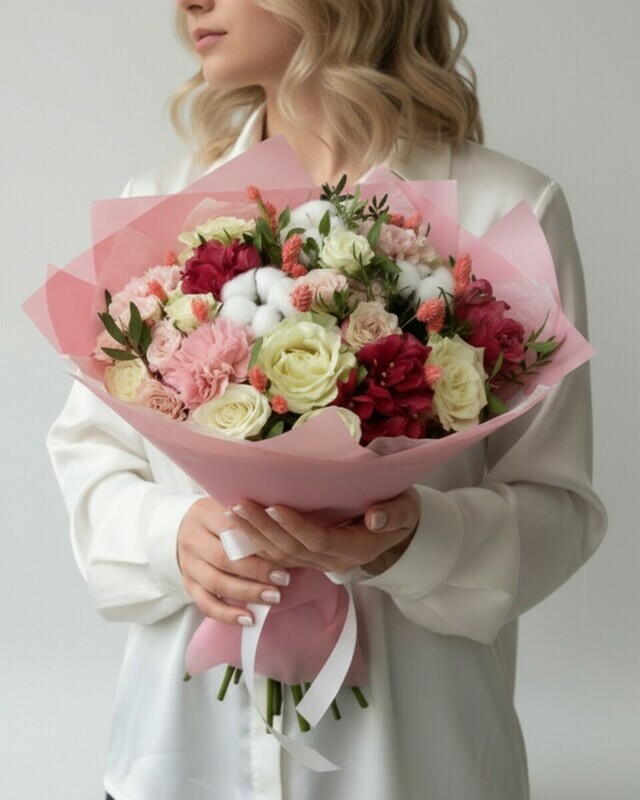 Букет с розами и сухоцветами "Розовое шампанское", стандартный