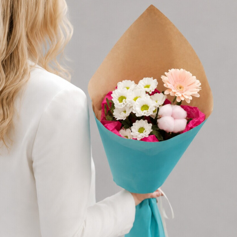 Bouquet with santini "Cotton morning" with alstroemeria and cotton, standart
