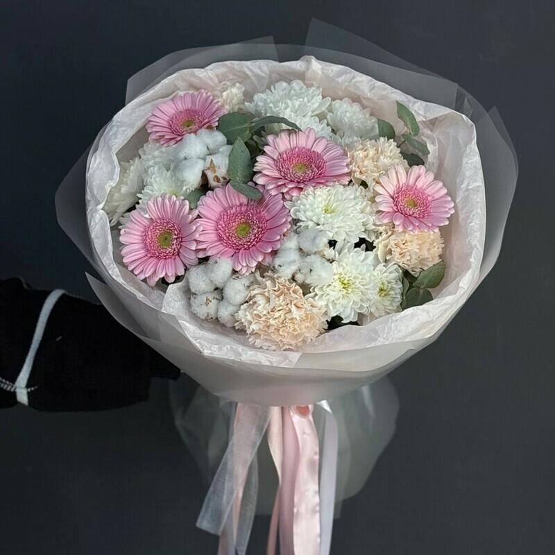Зефирный букет с герберами и хлопком, стандартный