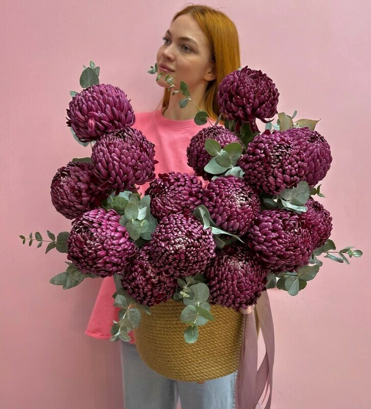 Премиум корзина с хризантемой Бигуди, премиум