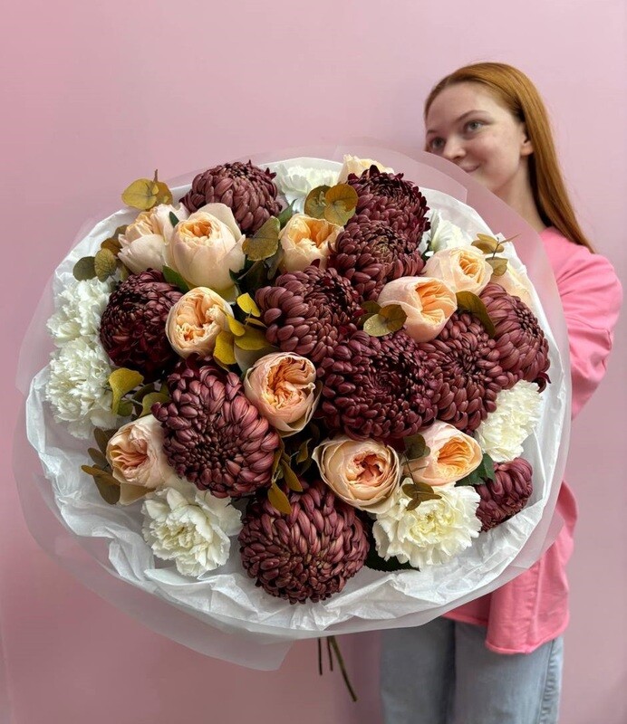 Premium buket «Divnaya Osen_» Rozi Devida Ostina i kruzhevnie bigudi, premium