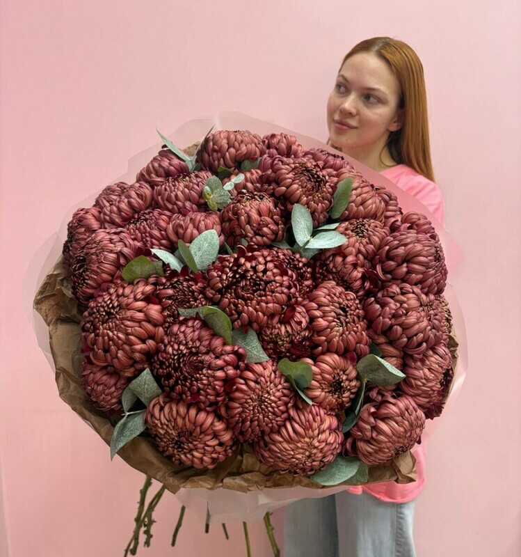 Букет из хризантем бигуди «Бордо», делюкс