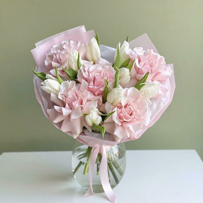 Букет из 5 французских роз и белых тюльпанов, стандартный