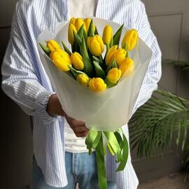 Букет из 15 желтых тюльпанов в матовой пленке