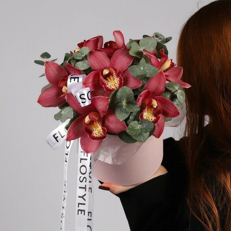 Korobka s orhideej i evkaliptom, korobka s orhideej i evkaliptom