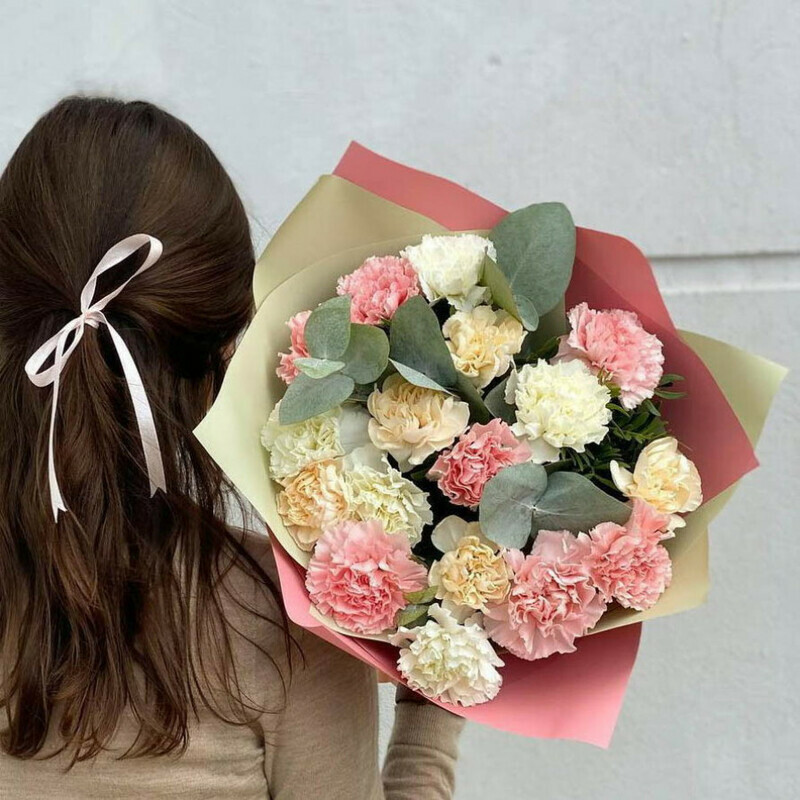 Round bouquet of delicate carnations with eucalyptus Rosedale, standart