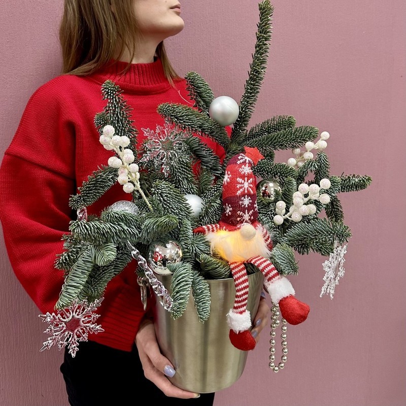 Новогодняя композиция из нобилиса в ведерке для шампанского, стандартный