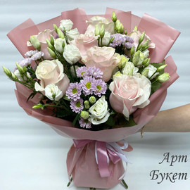 Buket s rozoj, hrizantemoj i eustomoj (Buket 66)