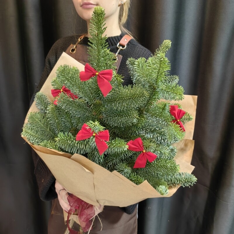 Ароматный букет из нобилиса с бантиками в крафте (код 125), стандартный