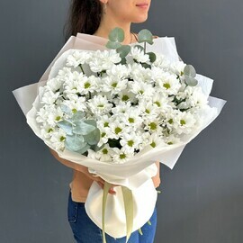 Букет из хризантем и эвкалипта "Утренний бриз"