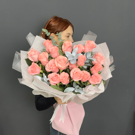 Bouquet of pink roses and eucalyptus 387