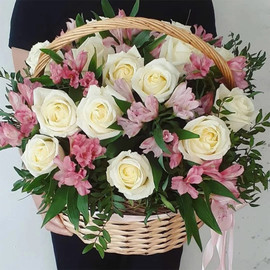 Roses with alstroemerias in a basket "Spring Garden"