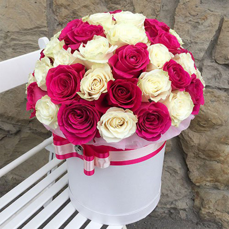 45 roses in a box "Raspberry with cream", standart