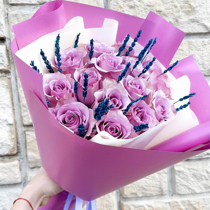 Bouquet of 15 lilac-blueberry roses with lavender "Provence", standart