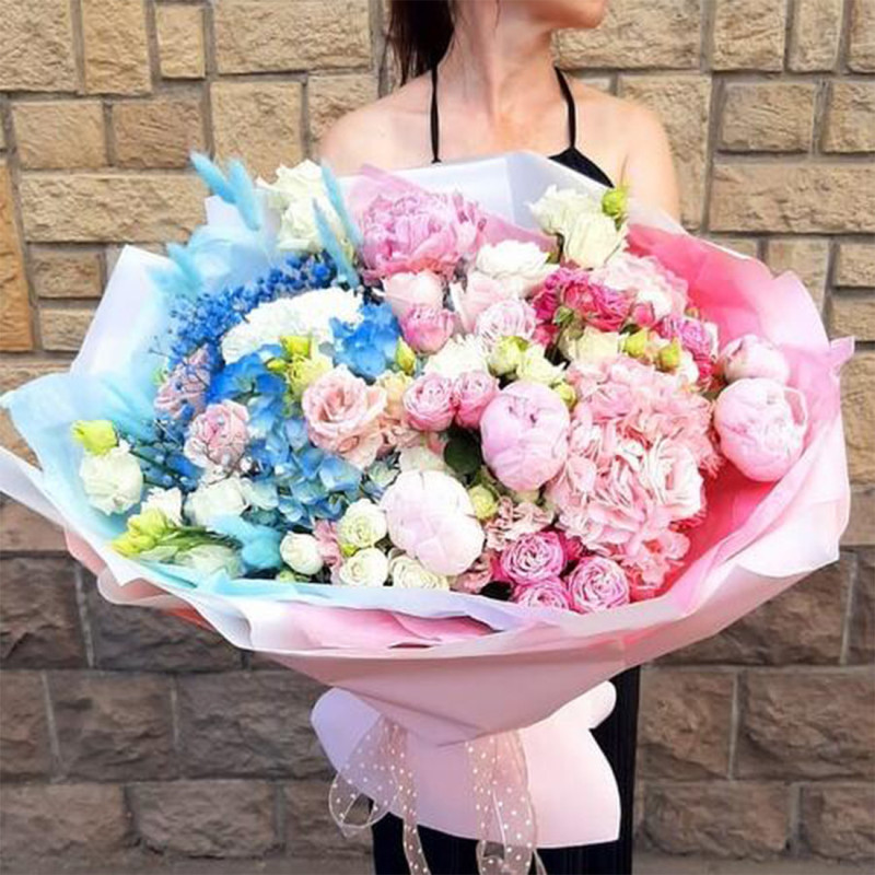 Bouquet with peonies, peony roses, hydrangeas and eustoma "You and me!", standart