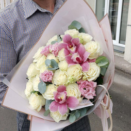 Bouquet with roses, orchids and eustoma "From the bottom of my heart!"
