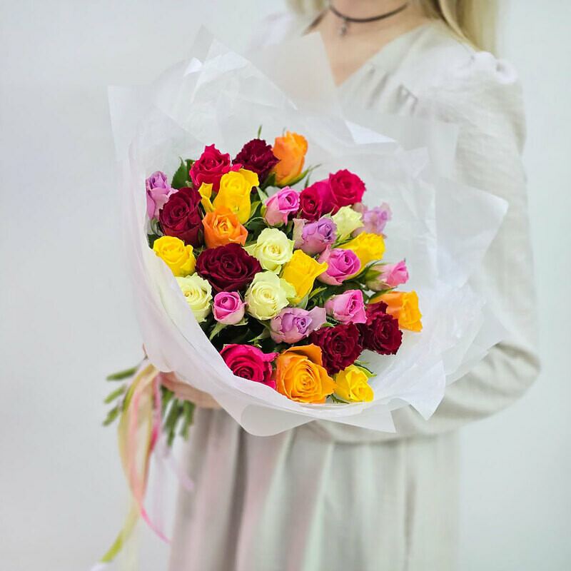 Buket raznotcvetnih roz Keniya 25 sht, standart