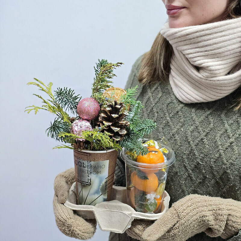 Новогодний презент из хвои и мандарин 3, стандартный