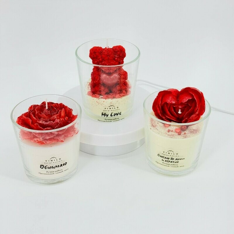 Podarochnij nabor svechej v stakane ruchnoj raboti iz premial_nogo voska, standart