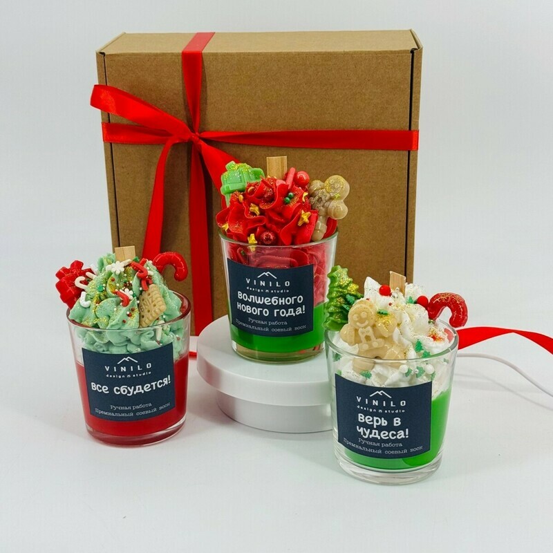Podarochnij nabor svechej ruchnoj raboti v stakane. Podarok na Novij god. Novogodnyaya svecha, standart