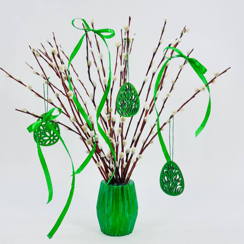 Пасхальная композиция букет из вербы 30 см красноталка в вазе из гипса ручной работы, стандартный